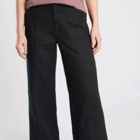 Athleta Cabo Retreat Linen Women Size 10 Black Pockets Wide Leg Belt Loop Pants - Picture 1 of 16